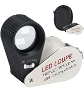 10x Magnification Gem Loupe Triplet Lens, LED & UV Illumination, Rechargeable Battery, Achromatic...