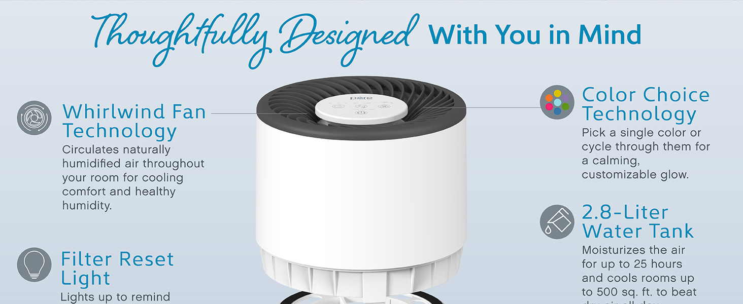 pure enrichment whirlwind fan technology evaporative humidifier with filter and nightlight