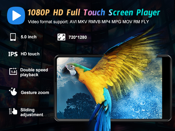 Text reads '1080P HD Full Touch Screen Player'. Product interface screenshots showing features like gesture zoom, 720*1280 resolution, HD touch, and double speed playback options.