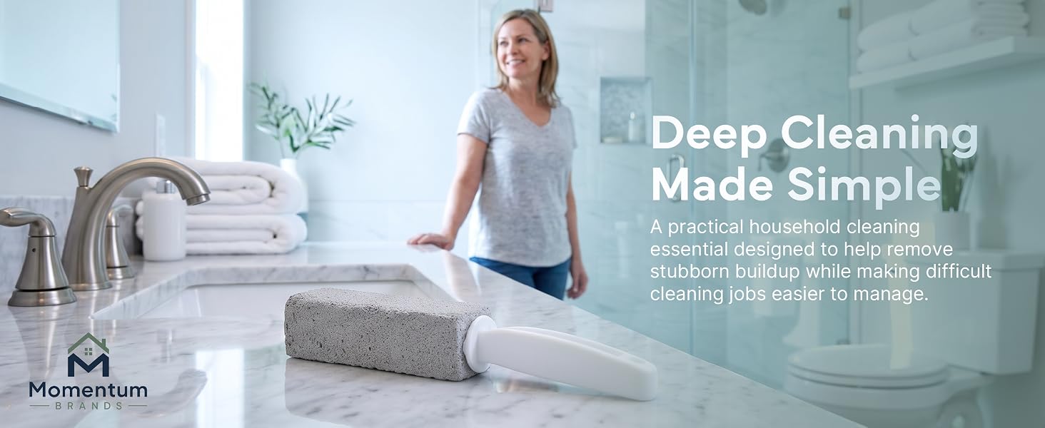 "Deep Cleaning Made Simple" ad for Momentum Brands pumice stone with woman in clean bathroom
