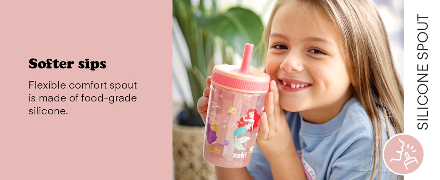 Photo of girl with Disney Princess Kelso tumbler and text calling out silicone spout feature