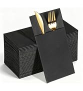KAMMAK Black Napkins Disposable with Pocket Dinner Paper Napkins 50 Pack Linen Feel Prefolded Gue...