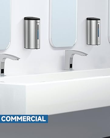 Wall-mounted automatic soap dispenser shown in home and commercial settings, featuring sleek stainless steel design with sensor-operated dispensing system.