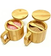 Bamboo Salt Cellar with Handle, 10oz Magnetic Swivel Lid & Spoon(2 Pack) | Food-Safe Bamboo Salt ...