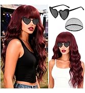 Burgundy Wavy Wig with Bangs for Women, PLULON Long Wavy Curly Wigs with Hair Cap Heart-Shaped Su...