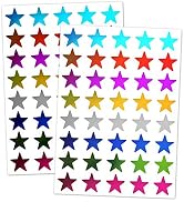 Two sheets of colorful star stickers arranged in horizontal rows. Each row features gradient variations of blue, brown, purple, yellow, grey, navy, green, and pink stars.