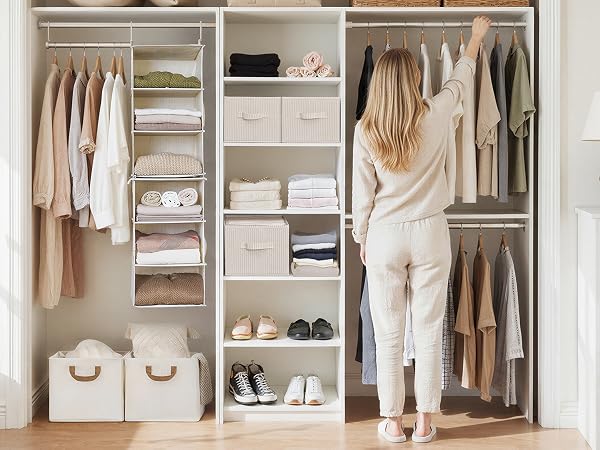 Fabric storage bins used in a closet for clothes and linens, shelf organization baskets.