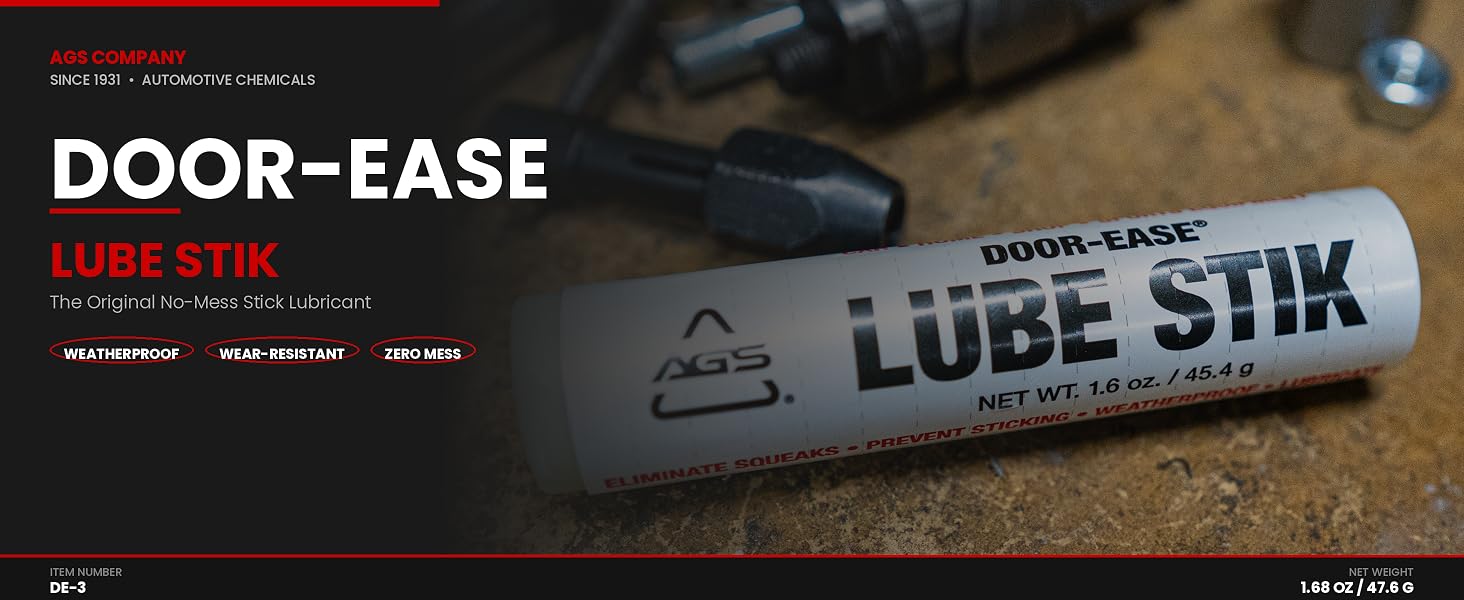Door-Ease Lube Stik 1.68 oz lubricant on workshop bench with tools