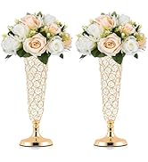 Kehail 2 Pcs Gold Trumpet Vases - 13" Metal Crystal Vase for Artificial Flowers, Wedding Centerpi...