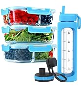 1, 2 & 3 Compartment Glass Meal Prep Containers 32 oz Glass water bottles with time marker straw
