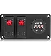 Qiilu 2 Gang 12-24V Marine Boat Rocker Switch Panel Red LED Light with Digitial Voltmeter Gauge W...