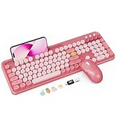 Wireless Keyboard and Mouse Combo, Cute Full-Size Typewriter-Style Keyboard, Retro Round Keycaps,...