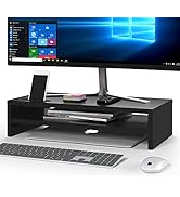 BONTEC Wood Monitor Stand Riser, 2-Tier Desktop Organizer with Storage, Ergonomic Computer Stand ...