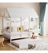 DUMOS Twin House Bed with Trundle, 77.95'' Wooden Playhouse Bed Frame for Kids with Safety Rails ...