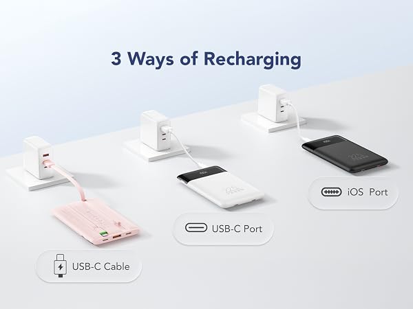 3 Ways of Recharging. 1. Built-in USB-C Cable. 2. USB-C Input Port. 3. Lightning Input Port..