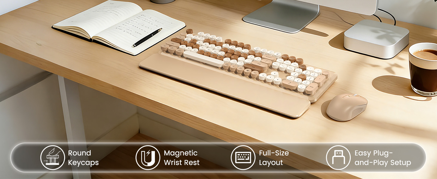 Latte wireless keyboard and mouse with round keycaps, magnetic wrist rest, and plug-and-play setup.