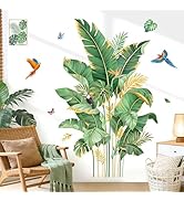 decalmile Tropical Palm Leaves Wall Stickers Large Gold Green Leaves Plant Birds Wall Decals for ...