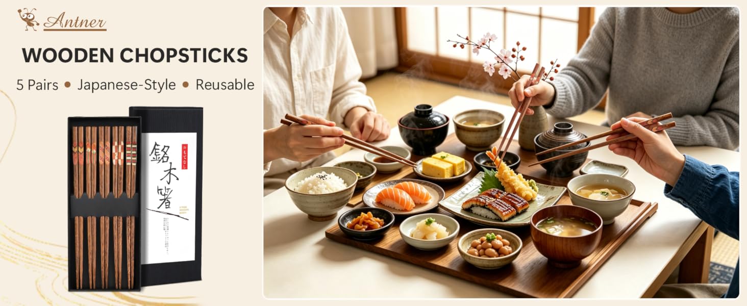 Hardwood Chopsticks Reusable Japanese Style Dishwasher Safe Wooden Chop Sticks