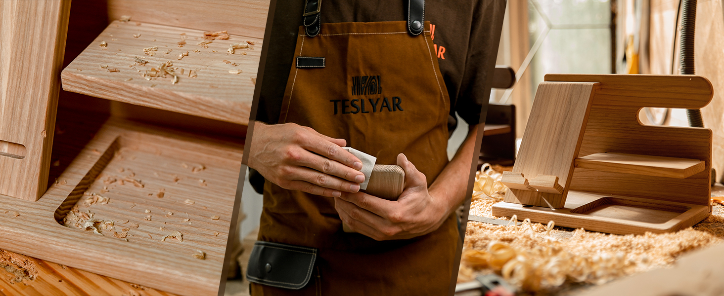 Woodworking scene featuring unfinished wooden boards, wood shavings, and a person wearing a brown apron holding a small wooden object.