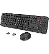 Wireless Keyboard and Mouse Combo, Ergonomic Full Size Typewriter Retro Round Keycaps Keyboard, C...