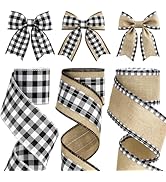 KINGLAKE Buffalo Plaid Ribbon Wired – 3 Rolls 2.5'' x 18 Yards, Burlap Black and White Plaid Ribb...