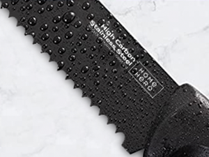 Steak knife set with non-stick coating.
