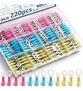 smseace 220PCS Heat Shrink Ring Terminals #10,1/4",5/16",3/8" Heat Shrink Ring Connectors 22-16AW...