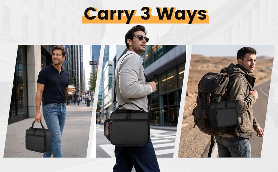 A versatile 3-way carry lunchbox with a reinforced top handle and an adjustable shoulder strap.