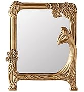 Nerien Resin Vintage Makeup Mirror Decorative Tabletop Rectangle Mirror Gold Standing Desktop Cos...