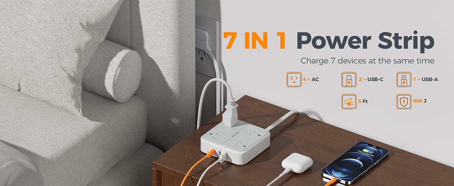 TESSAN Surge Protector Flat Extension Cord 5Ft