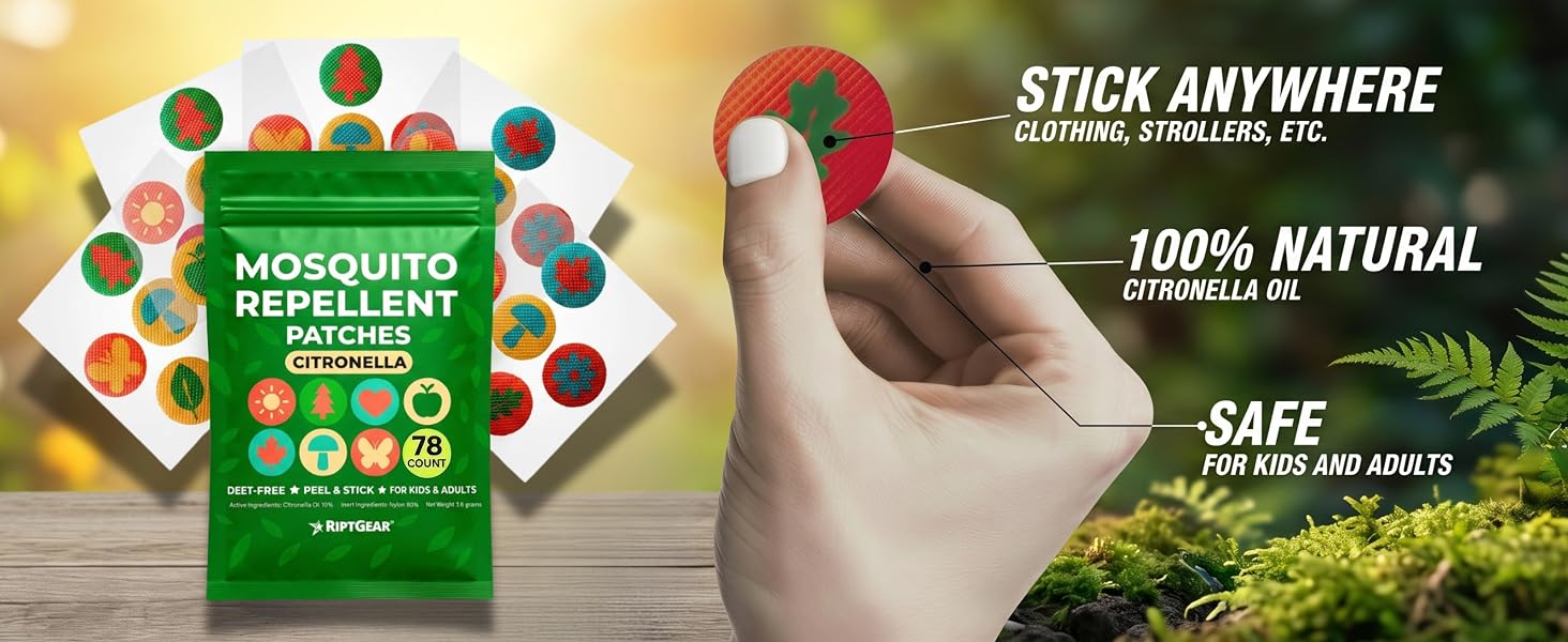 RiptGear Mosquito Patches — 78-count, natural citronella, sticks anywhere, kids & adults