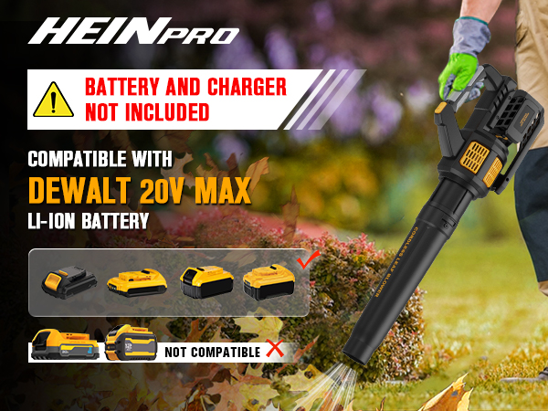 The HEINPRO cordless leaf blower compatible with DEWALT 20V MAX batteries.