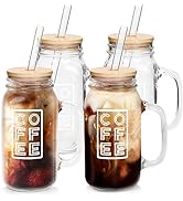 ANOTION Mason Jar Coffee Mugs with Handle, Iced Coffee Cup with Lid and Straw 24oz Regular Mason ...