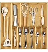 Fabsome Silverware Organizer for Kitchen Drawers, 2.5'' Deep 18.8'' Wide Bamboo Wood Flatware Tra...