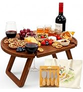 TRENLUVA Portable Wine Picnic Table with 4 Glass Holders, Brown | Bamboo, Foldable Legs, Includes...