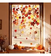 Whaline 6 Sheet Fall Window Clings Hanging Maple Leaf Window Decals Colorful Autumn Leaves Reusab...