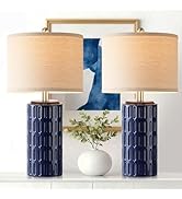 PARTPHONER 23" Farmhouse Modern Ceramic Table Lamp Set of 2 - Navy Blue Bedside Lamps for Bedroom...