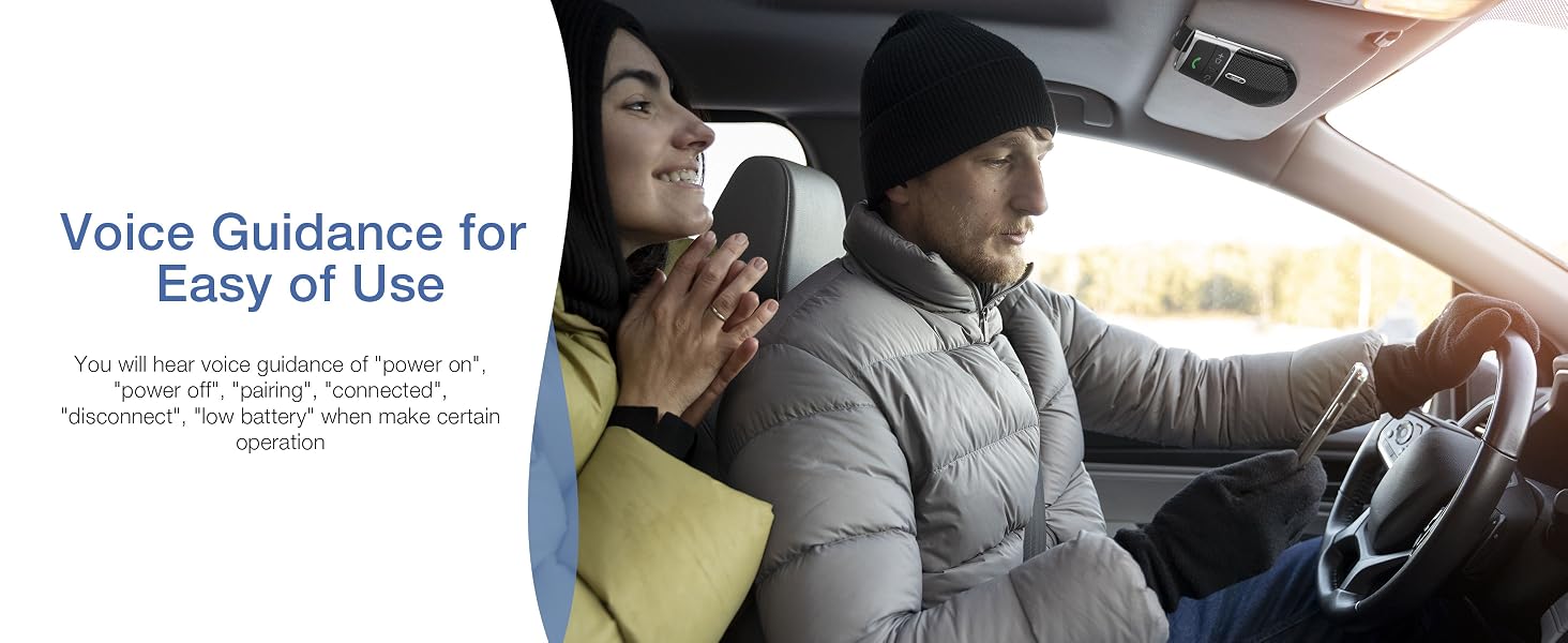 Two people in a car using a device. Text overlay reads 'Voice Guidance for Easy of Use'.