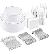350Pcs Silver Plastic Dinnerware Set, Plastic Plates Disposable for 50 Guests Include:50 Silver R...