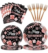 96 PCS Retirement Party Decorations Women Retired Paper Plates Napkins Plastic Forks Rose Gold Ha...