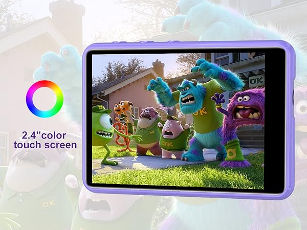 Portable media player with 2.4-inch color touch screen displaying animated monster characters on grass. Device has purple border and circular color wheel icon.