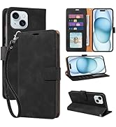 JHWVVTF Wallet Case for iPhone 15 6.1 inch, RFID Blocking 4 Card Slots Holder, Wrist Strap, Shock...