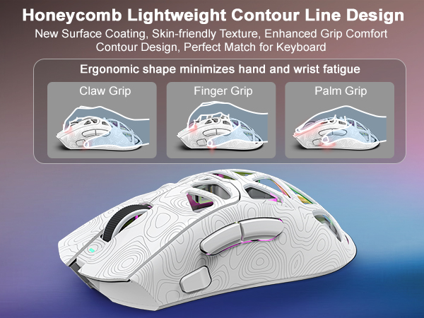 Ergonomic honeycomb mouse perfect for all grip styles: palm, claw, and fingertip grips
