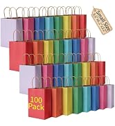 BLEWINDZ 100Pcs Bulk Kraft Paper Gift Bags with Handles, 8.6"x6.2"x3.2" Small Rainbow Party Favor...