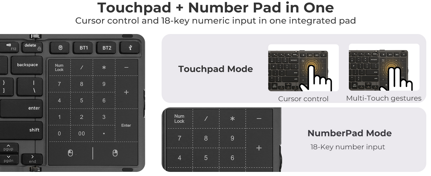 Aimarz AF01 integrated touchpad switching between cursor control and number-pad input.