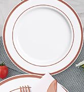 700 Count Rose Gold Dinnerware Set-200 Gold Plastic Plates-300 Rose Gold Plastic Silverware-100 R...