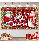 Merry Christmas Banner Red Plaid Christmas Banners Decorations with 3D Santa Claus Snowman Gift E...