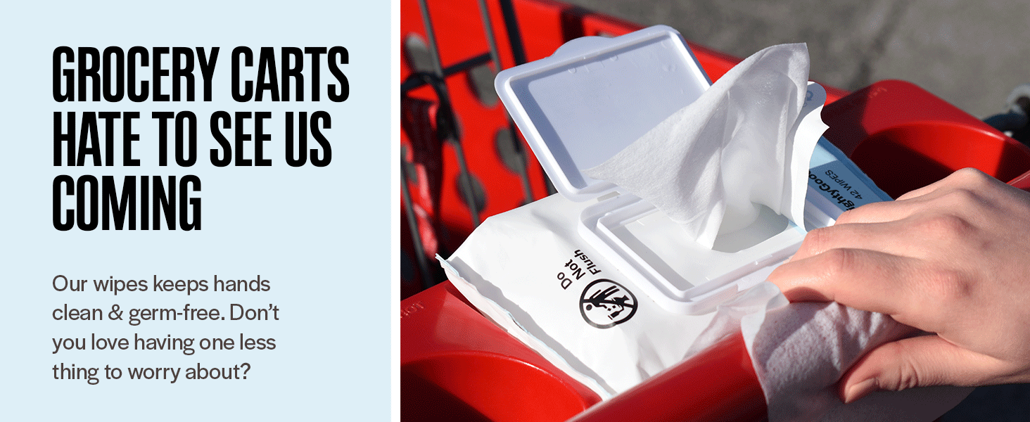 Wiping off grocery cart with headline "Grocery carts hate to see us coming"