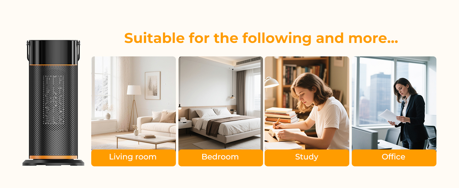 Text reads 'Suitable for the following and more...'. Multiple lifestyle photos showing office and home environments with people using electronic devices.