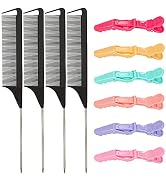 Rat Tail Combs Hair Clips Set:4Pcs Rat Tail Combs & 6Pcs Alligator Hair Clips, Steel Pin Parting ...